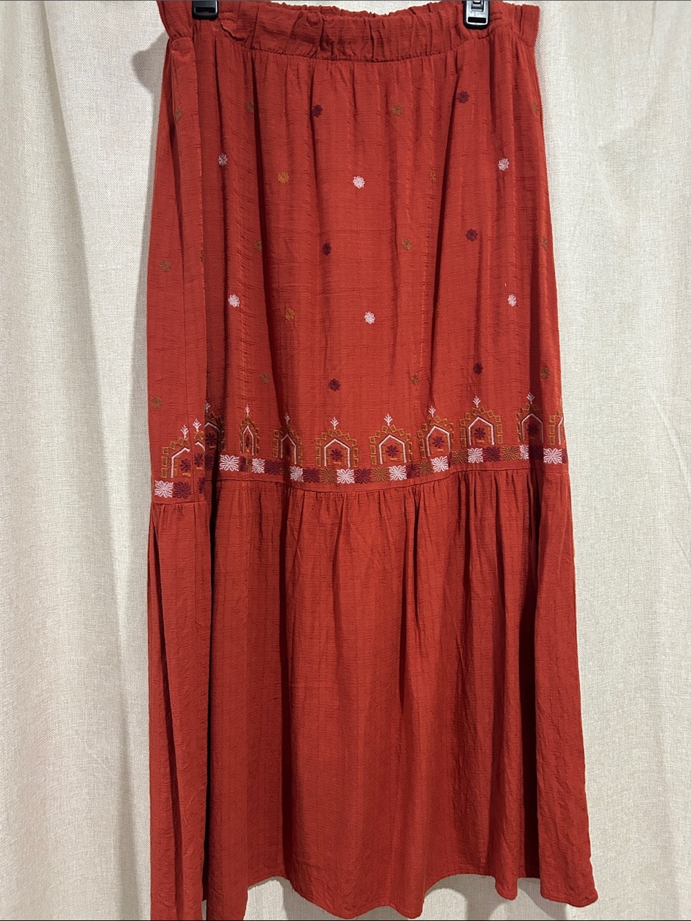 Westbound Burnt Orange Tiered Embroidered Maxi Skirt